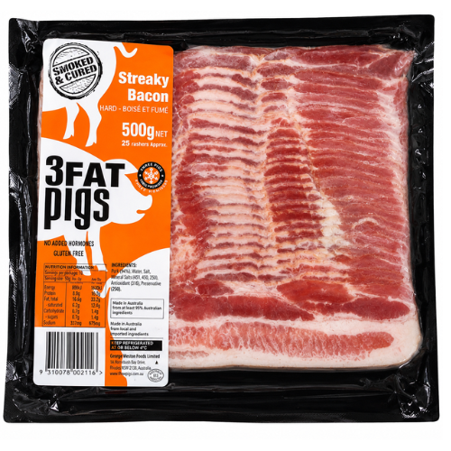 3 Fat Pigs Streaky Bacon 500g x20 CTN